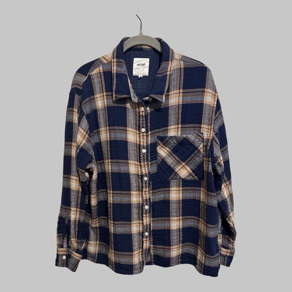 aerie Tops - Aerie Super Soft Women’s Plaid Button Up Flannel Shirt Navy Gold Soft Grunge LG